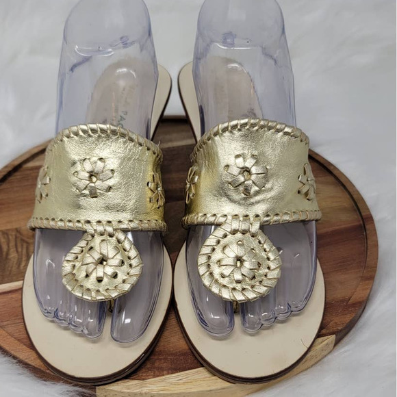 Mila Paoli Shoes - Mila Paolui Gold Leather Upper Floral Accent Wedge Heel Sandal 9.5M